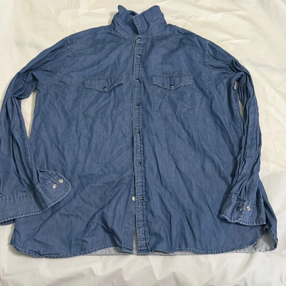 Brooks Brothers Mens Red Fleece Western Denim Shirt XXL Blue Cotton Snap Front